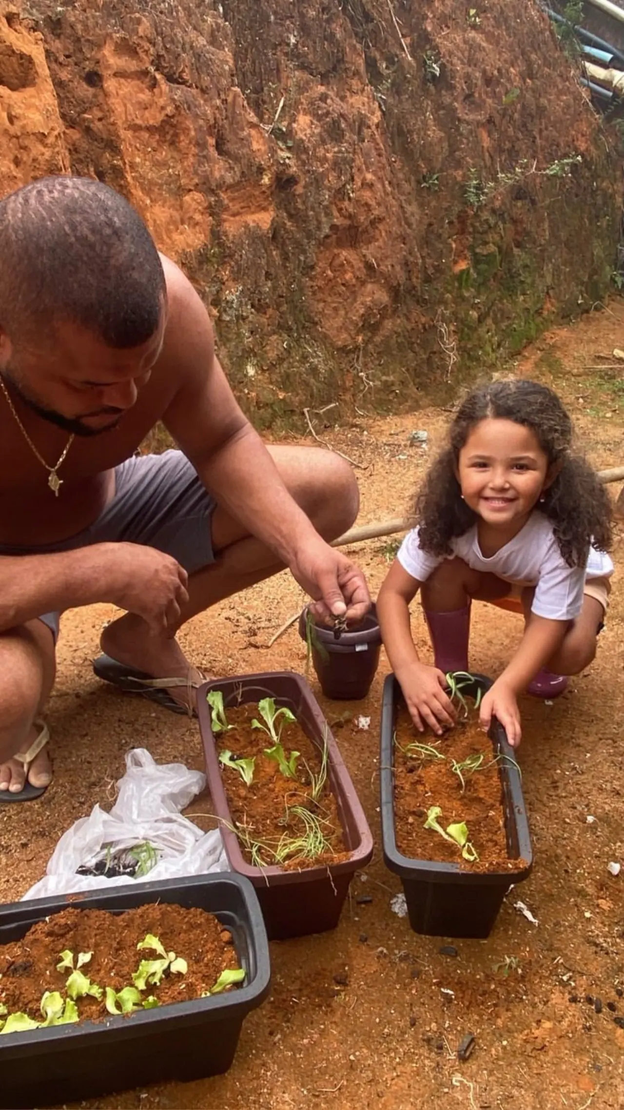Pai e filha plantando mudas no rancho